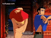 two cartoon characters are standing next to each other and one of them is asking the other if he 's okay .