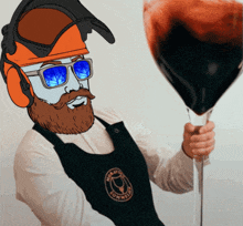 a man with a beard wearing a helmet and sunglasses is holding a large glass of wine with the word merlot on it