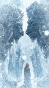 a woman is standing in front of two lions looking at each other in the snow .