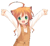 a girl with orange hair and green eyes is raising her arms