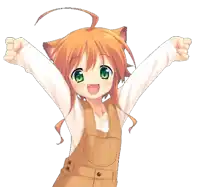 a girl with orange hair and green eyes is raising her arms
