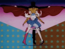a couple of cartoon characters standing next to each other in front of a wall with stars