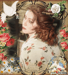 a picture of a woman surrounded by flowers and birds with picmix written in the corner