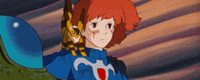 a girl with red hair is holding a cat on her shoulder in a cartoon
