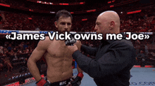 a man talking into a microphone with the words james vick owns me joe below him
