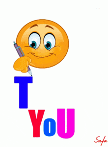 a yellow smiley face with a blue eye and the words thank you