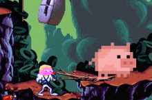 a pixel art drawing of a man standing next to a pink pig