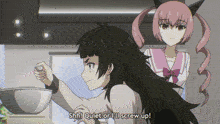 two anime girls are standing next to each other and one of them is saying " quiet or i 'll screw up "