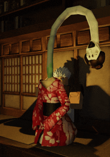 a woman in a red and white kimono has a long green neck