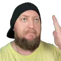 a man with a beard wearing a black hat and a yellow shirt is pointing up