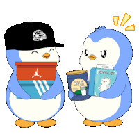 two penguins holding a can of milk and a box of shoes