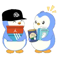 two penguins holding a can of milk and a box of shoes