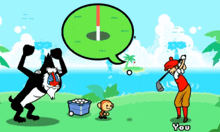 a cartoon of a man swinging a golf club and a monkey with a speech bubble that says " you "