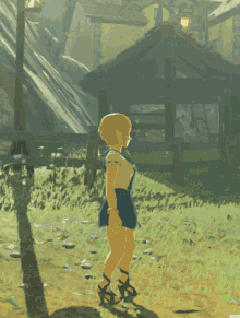a video game character is standing on a wooden fence in a field