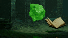 a book is open to a page with a green object floating above it