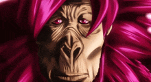 a close up of a cartoon character with pink hair