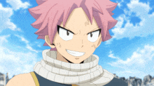 a cartoon character with pink hair and a scarf around his neck smiles