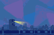 a pixel art of a city at night with a light shining on a building