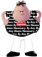 a cartoon character is wearing a black shirt that says supreme on it