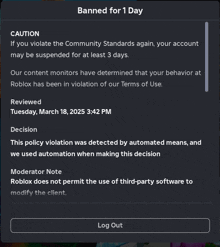 a screenshot of a roblox screen that says banned for 1 day