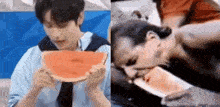 a man is eating a watermelon next to a woman eating a watermelon .