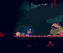 a cartoon character is standing in a dark cave with a torch in his hand
