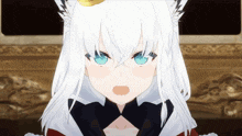 a girl with white hair and blue eyes is wearing a crown