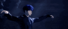 a man with blue hair is wearing a black jacket and tie