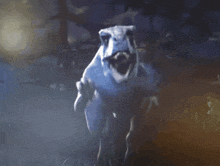 a t-rex with its mouth open is walking through a dark forest