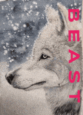 a painting of a wolf with the word beast in red letters