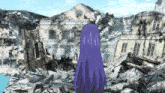 a girl with purple hair stands in front of a destroyed building with a cross on it