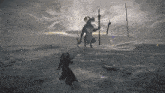 a silhouette of a man with horns holding a spear in the snow