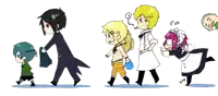 a group of anime characters are walking in a line and one of them is wearing a maid outfit
