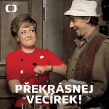 a man and a woman are standing next to each other and the words prekrasnej vecirek are visible
