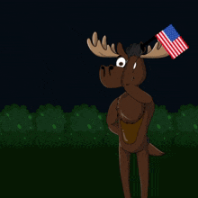 a moose is holding an american flag in front of a fireworks display