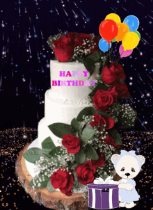 a birthday cake with roses and balloons and the words happy birthday on it