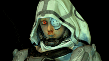a video game character with a hood and red eyes