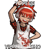 a cartoon character with red hair and headphones says yippeee