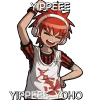 a cartoon character with red hair and headphones says yippeee