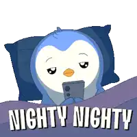 a penguin is laying in bed looking at a cell phone and the words nighty nighty are below it