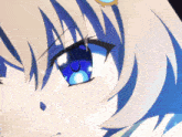 a close up of a girl 's face with blue eyes and white hair