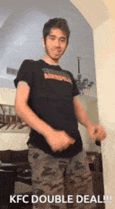a man is dancing in a living room with the words kfc double deal written on the bottom