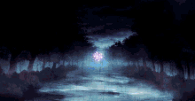 a painting of a dark forest with trees and a light shining through the trees