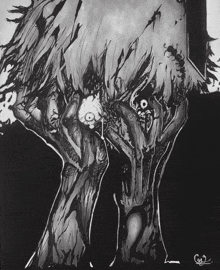 a black and white drawing of a tree trunk with the letters gm2 on the bottom
