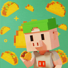 a pixel art of a pig holding a taco with taco tuesday written above him
