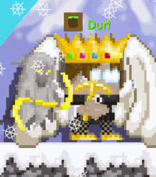 a pixel art drawing of a person with a crown and the name durt