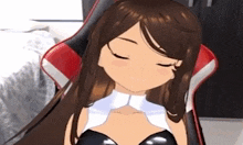 a girl with long brown hair is sitting in a gaming chair with her eyes closed .