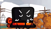 a cartoon drawing of a black object with a red ribbon around it