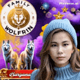 a woman in a blue hat is standing in front of two wolves with a family wolfrin logo behind her