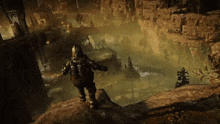 a video game character is jumping over a rocky cliff